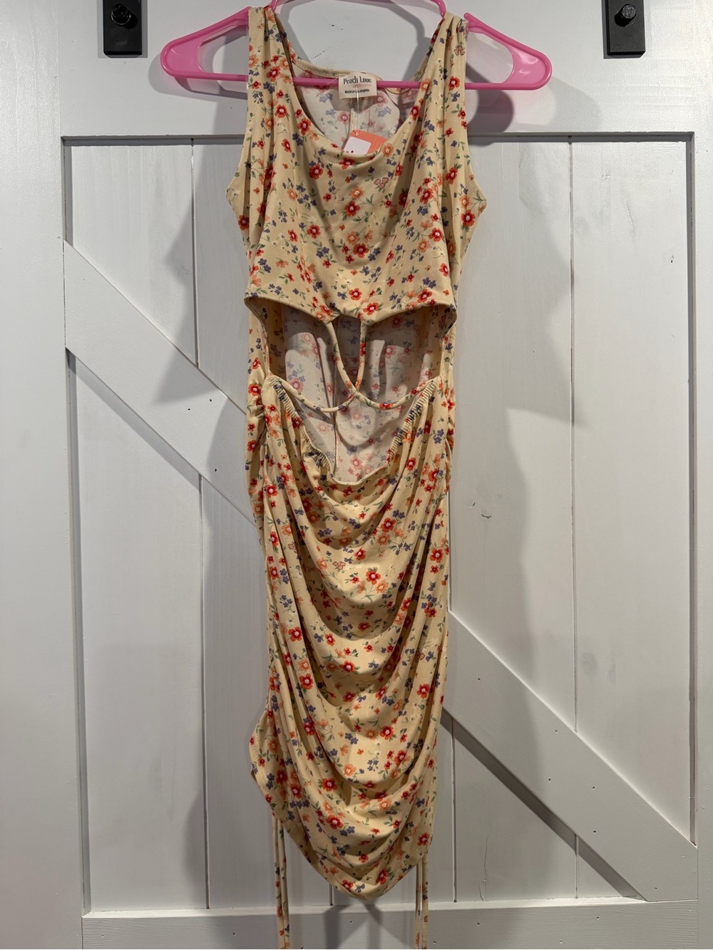 Peach Love California Beige Floral Asymmetrical Cutout Dress